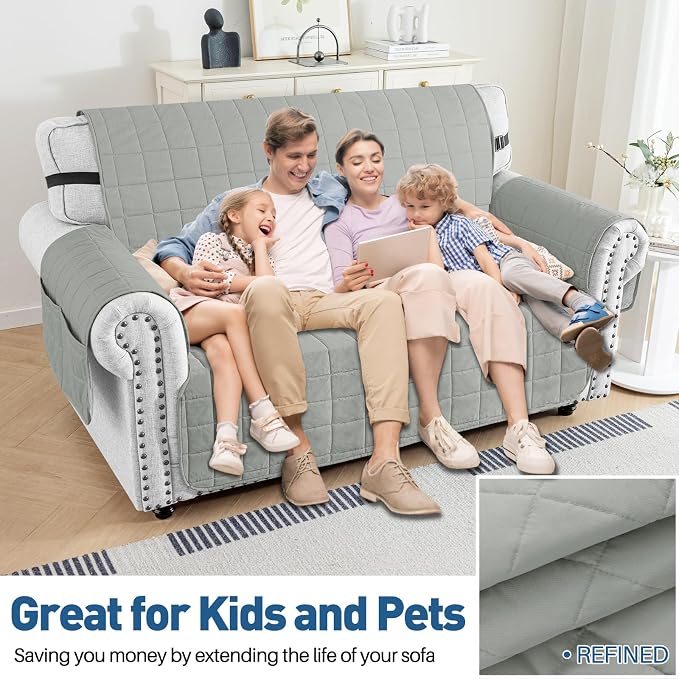 MAXIJIN Waterproof Love Seat Couch Covers 2 Cushion Sofa, 49" Quilted Loveseat Cover Slipcovers for Pets Dog Couch Cover Protector with Elastic Strap & Side Pocket (Loveseat, Light Gray) - Image 4