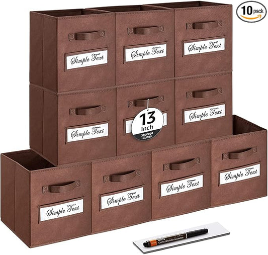 13x13x13 storage cube bins (Set of 10) Fabric storage cubes with 10 Labels Window Cards & a Pen, storage cubes 13x13, Collapsible 13 inch cube storage bins, Cubby Organizer Boxes, Brown by Artsdi