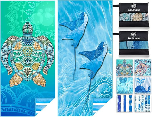 Widdonen Microfiber Beach Towel,Compact 2 Pack-71x32 Inch with Bag Travel | Extra Large,Lightweight,Thin,Sand Free,Quick Dry,Absorbent.Packable for Camping,Swim,Pool,Bath,Picnic,Cruise Essentials Gift by WIDDONEN