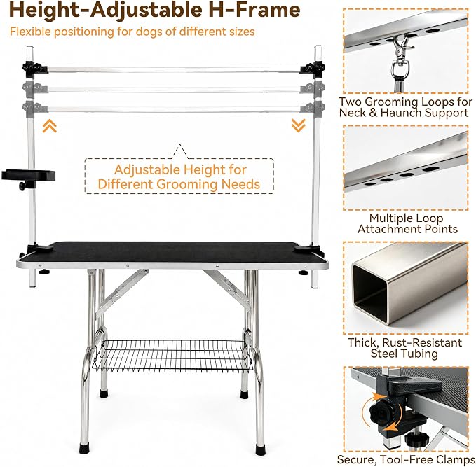 46" Foldable Dog Grooming Table with Adjustable H-Frame Arm & 2 Nooses, Heavy-Duty Stainless Steel Frame, Non-Slip Top, Tool Caddy and Mesh Tray, Black - Image 4
