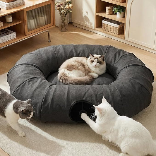 Extra Large Cat Tunnel, Cooling Natural Linen Big Tunnel for Large Cats, 47.2in Multi-Cat Family Long Cat Tunnel Bed with Washable Mat, Breathable & Durable Big Cat Tunnel for Cats, Dark Grey by BUMUBI