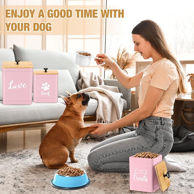 Jingmore Metal Dog Treat Containers Set of 3 with Bamboo Lids and Spoon Airtight 7+3+2 lbs Dog Food Snack Jars with DIY Labels Big Pet Cookie Storage Jar for Kitchen Counter (Pink,Funny) - Image 4