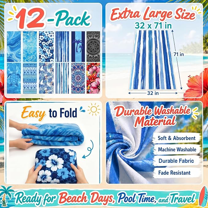 12 Pack Microfiber Beach Towel Set, 32x71 Oversized Extra Large Swim Pool Towel, Soft Fiber Beach Towels Set for Summer Travel, Spa, Swim Pool Accessories, Vacation Essential Gift (Blue and Floral Pac - Image 3