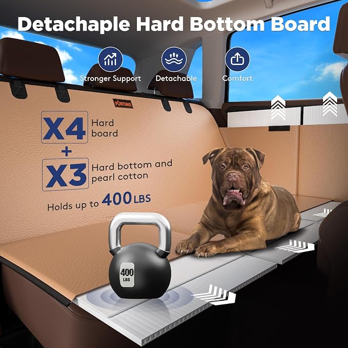 FURTIME XL Back Seat Extender for Dogs, Hard Bottom Seat Cover for Truck | Upgraded PU Leather Waterproof Anti-Scratch, 400LBS Supports, Large Space Dog Car Seat Cover for Full Size Truck SUV, Brown - Image 3