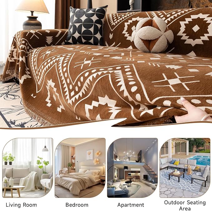 VClife Boho Couch Cover - Brown White Tribal Geometric Pattern Sofa Cover for 3 Cushion Couch Sofa Anti-Slip Washable Couch Cushion Cover, Diamond Zigzag Futon Sofa Protector for Living Room Decor - Image 6
