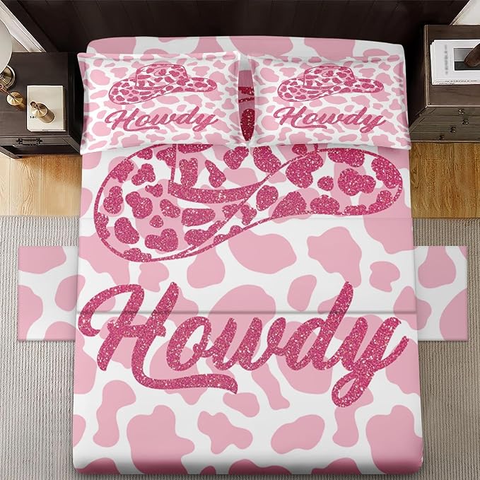 WeCozy Twin Size Bed Sheet Sets with Pillowcases, Western Cowboy Cow 3 Pcs Soft Microfiber Bedding for Kids and Adults, Pink Leopard Print Cowgirl Flat, Fitted Sheet for Bedroom Bed Decor - Image 3