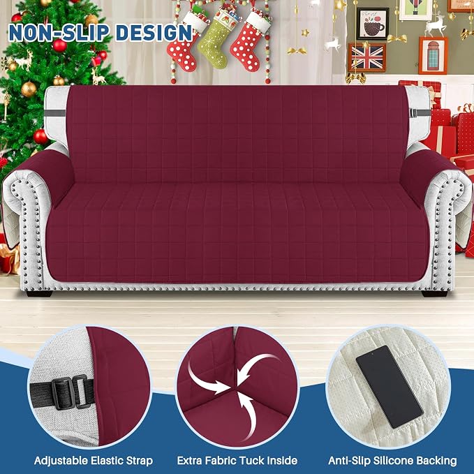 MAXIJIN Waterproof Oversized Couch Covers for 3 Cushion Couch, 79" Quilted Sofa Covers Washable Pet Dog Couch Cover Protector with Elastic Strap & Side Pocket (Large Sofa, Wine Red) - Image 2
