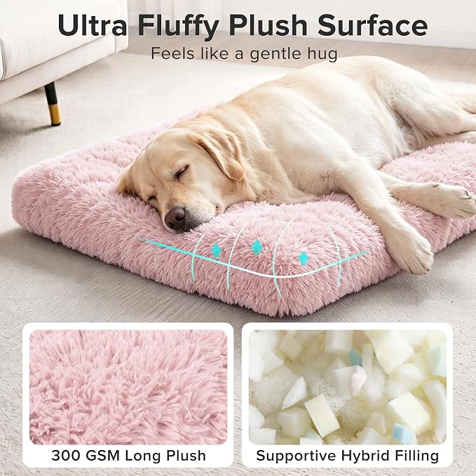 JOEJOY Large Dog Bed Crate Pad, Deluxe Plush Washable Dog Beds Fulffy Soft Kennel Pad Anti-Slip Pet Sleeping Mat for Large Medium Small Dogs, 35" x 23", Pink - Image 2