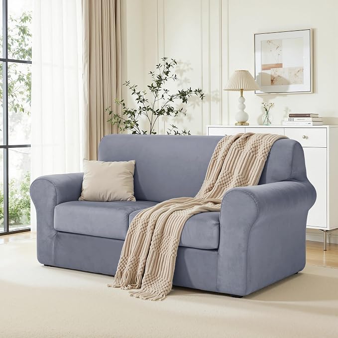 CHUN YI 3 Piece Velvet Couch Covers for 2 Cushion Couch, Water Resistant Loveseat Covers, Non Slip High Stretch Thick Furniture Protector for Dogs Pets, Medium, Grey - Image 3