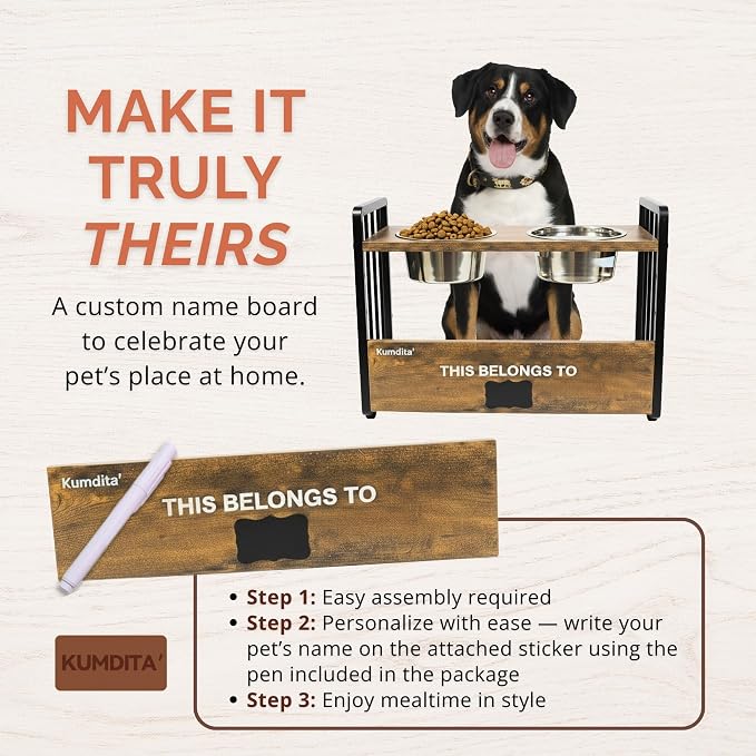 KUMDITA Adjustable Dog Bowls Elevated for Medium & Large Breed Dogs | Orthopedic dog food stand with stainless-steel food/water dishes; modern wood-metal pet feeder with raised dog bowls. - Image 7