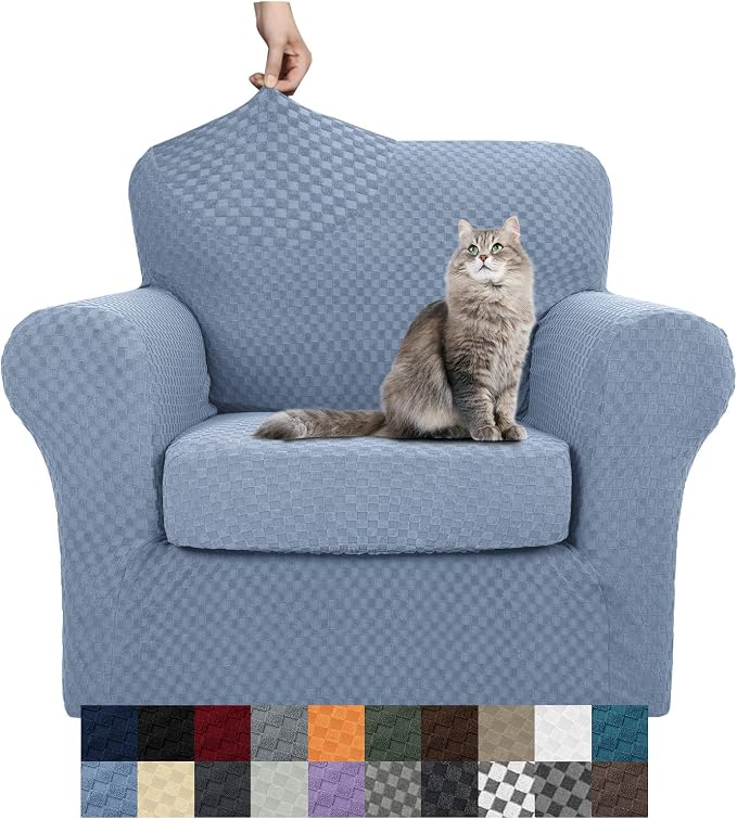 YEMYHOM Latest Checkered 2 Pieces Chair Covers for Living Room High Stretch Thickened Chair Slipcovers with Arms Anti Slip Elastic Armchair Sofa Couch Protector (Light Blue), 31"-46"(1 Cushion) by YEMYHOM