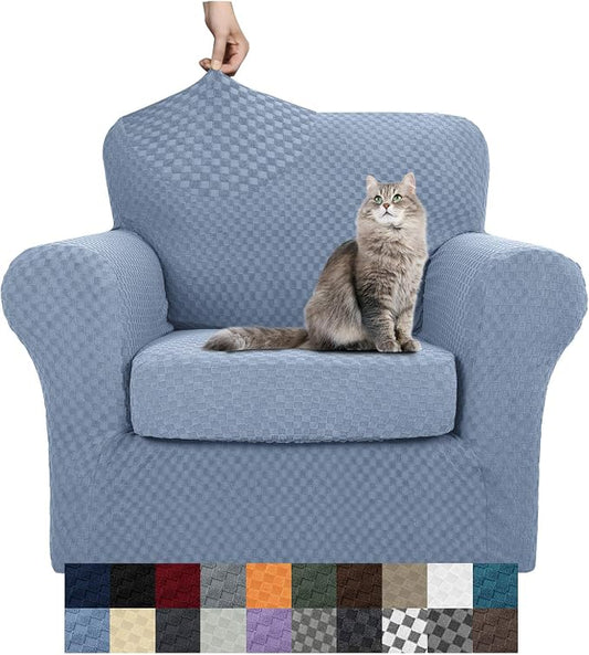 YEMYHOM Latest Checkered 2 Pieces Chair Covers for Living Room High Stretch Thickened Chair Slipcovers with Arms Anti Slip Elastic Armchair Sofa Couch Protector (Light Blue), 31"-46"(1 Cushion) by YEMYHOM