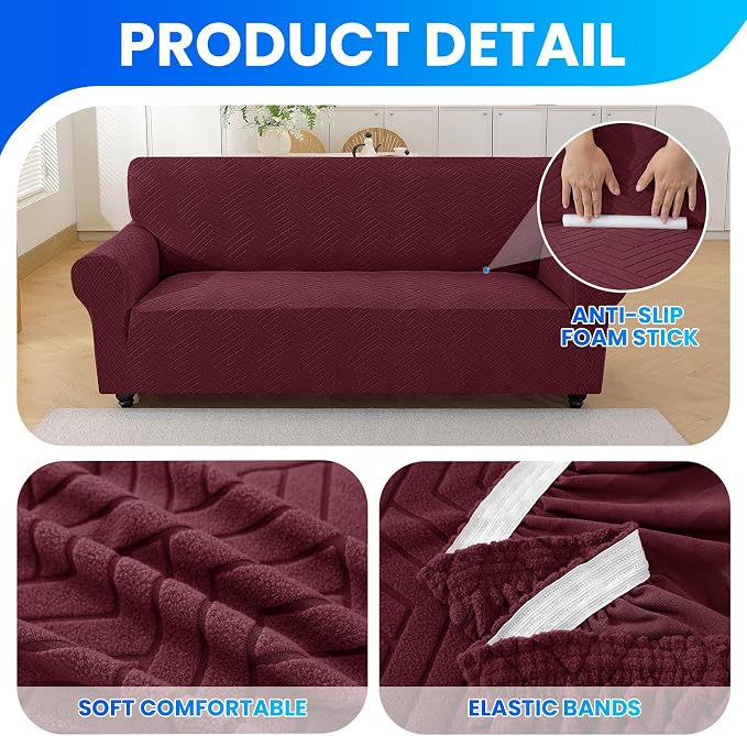 Stretch Sofa Cover Non-Slip Washable Furniture Protector | Stretch, 71"-91".Soft, Non Skid Foam, Elastic Bottom, Machine Washable, for Kids & Pets, Couch & Sofa, Wine Red - Image 5
