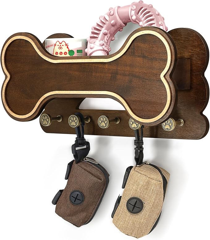 MTERSN Decorative Dog Leash Holder for Wall - Bone Shape Key Holder Wall Mount with 5 Cute 3D Doggie Paw Key Hooks & Floating Shelf to Organize Dog Stuff - Wall Decor Living Room for Pet (Dark Acacia) by MTERSN