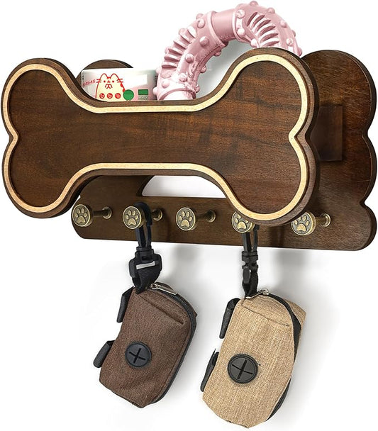 MTERSN Decorative Dog Leash Holder for Wall - Bone Shape Key Holder Wall Mount with 5 Cute 3D Doggie Paw Key Hooks & Floating Shelf to Organize Dog Stuff - Wall Decor Living Room for Pet (Dark Acacia) by MTERSN