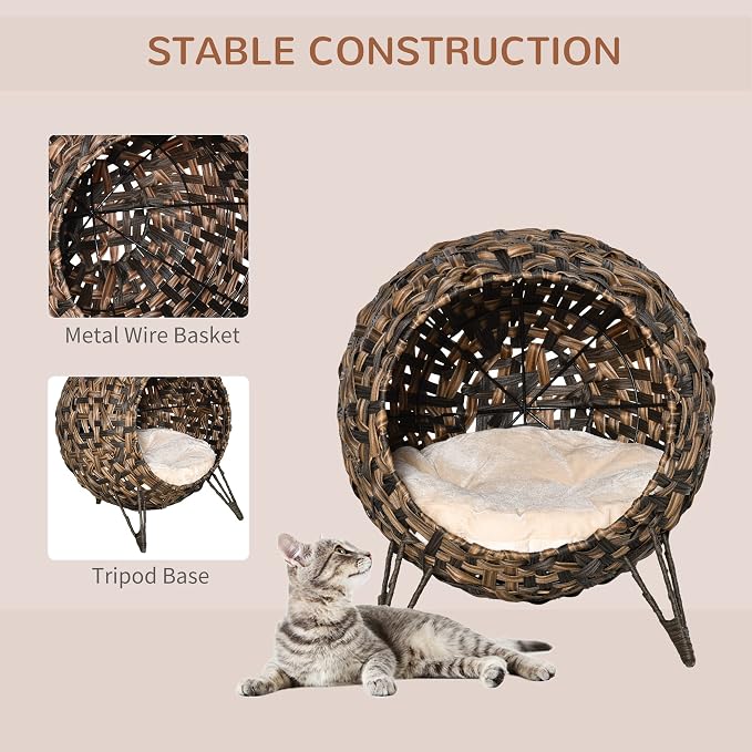 PawHut 20.5" Weaved Cat Bed with Cushion, Brown | Elevated Hand-woven Braided Banana Leaf Kitten House Condo - Image 3