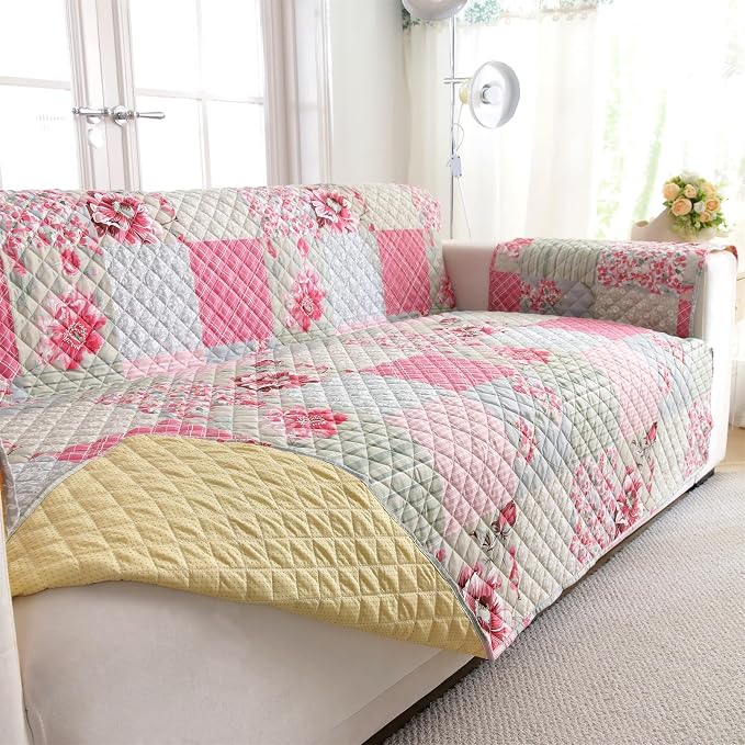 Cmfshape Skidproof Sofa Cover-Patchwork Sofa Slipcover with Elastic Straps-Easy Fit Slip Cover-Rose Washable Furniture Protector for Pets and Kids(Sofa,Pink&Grey) - Image 3