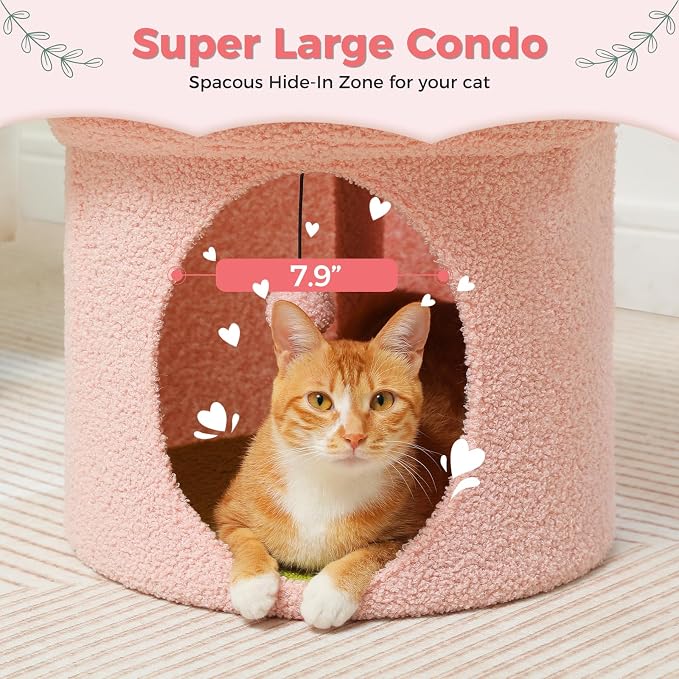 PETEPELA Cat Beds for Indoor Cats, Small Cute Cat Tree House with Removable Flower Cat Bed, Cat Hideaway, Indoor Cat House Condo, Cat Accessories, 20X20X16 Inches, Pink - Image 7
