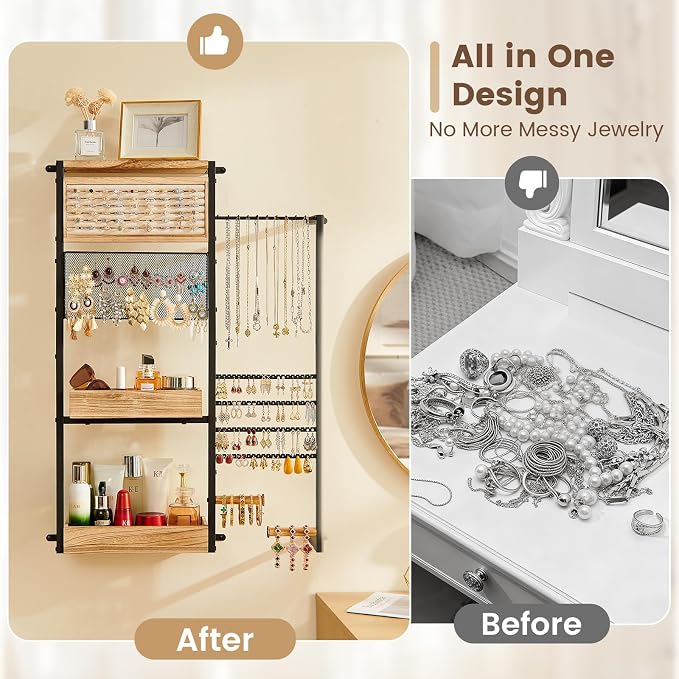 Pinzoveco Hanging Jewelry Organizer Wall Mounted, Large Hanging Jewelry Organizer Holder for Necklaces,Bracelest,Earrings,Rings,Watched,Makeup & Perfume (Black) - Image 4