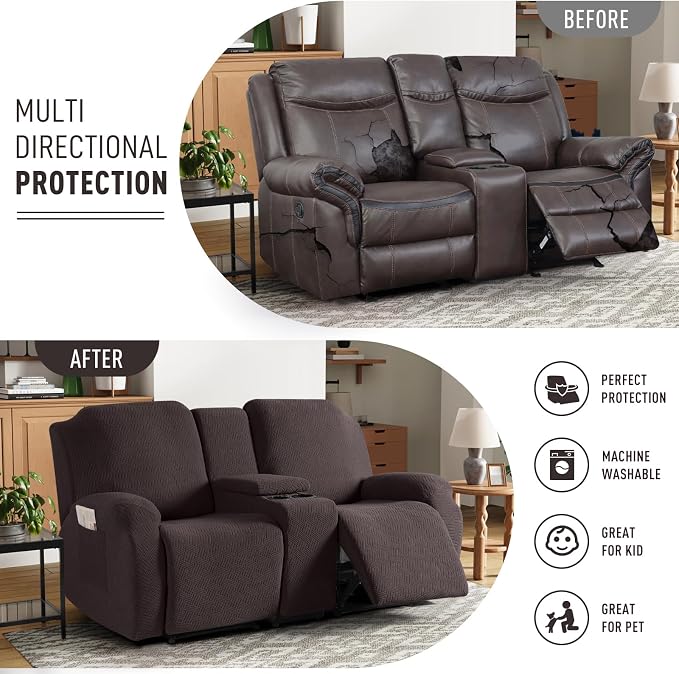 KinCam Loveseat Recliner Covers with Middle Console Slipcover, Chocolate | Stretch Recliner Sofa Covers for 2 Seat Couch Cover, Jacquard Furniture Protector Covers with Elastic Bottom for Kids, Pets - Image 3