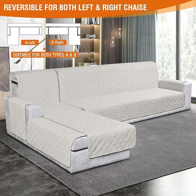 VANSOFY Sectional Couch Covers 100% Waterproof L Shaped Sofa Slipcover 3pcs Reversible Chaise Lounge Cover for Sectional Sofa Furniture Protector Cover for Pets Dog Cat(X-Large, Beige) - Image 2