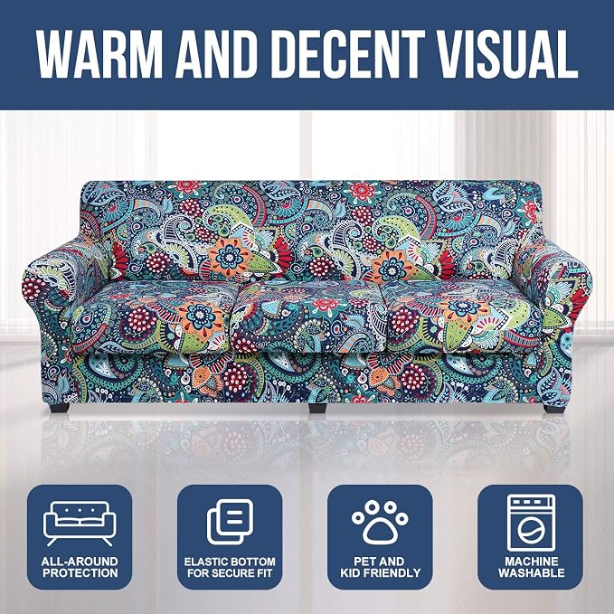 hyha Stretch Couch Covers, Sofa Cover for 3 Cushion Couch Pet Friendly | Floral Pattern, Printed, 4 Pieces, 3 Separate Cushion Sofa, Durable Anti-slip Washable Protector with Elastic Bottom for Dogs - Image 8