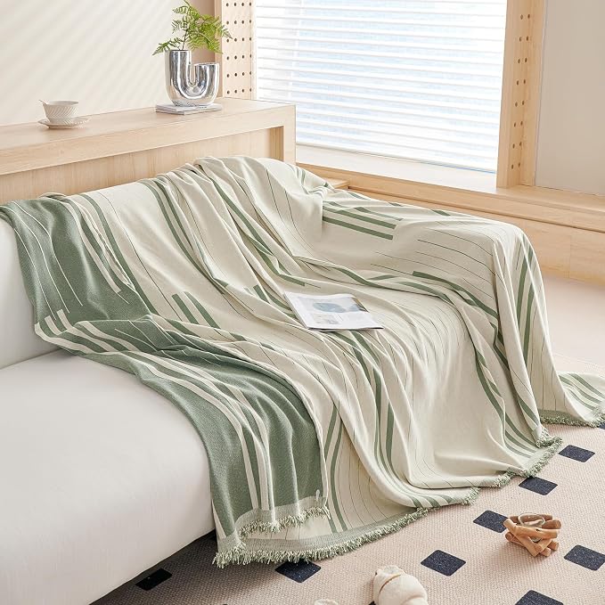 DREAMINGO Couch Cover Reversible Chenille 3 Seat Sofa Covers for Dogs Pets Beige Green Couch Protector for 3 Cushion Couch Sofa Vertical Stripe Jacquard Sofa Slipcover Sectional, 71"x134" - Image 2