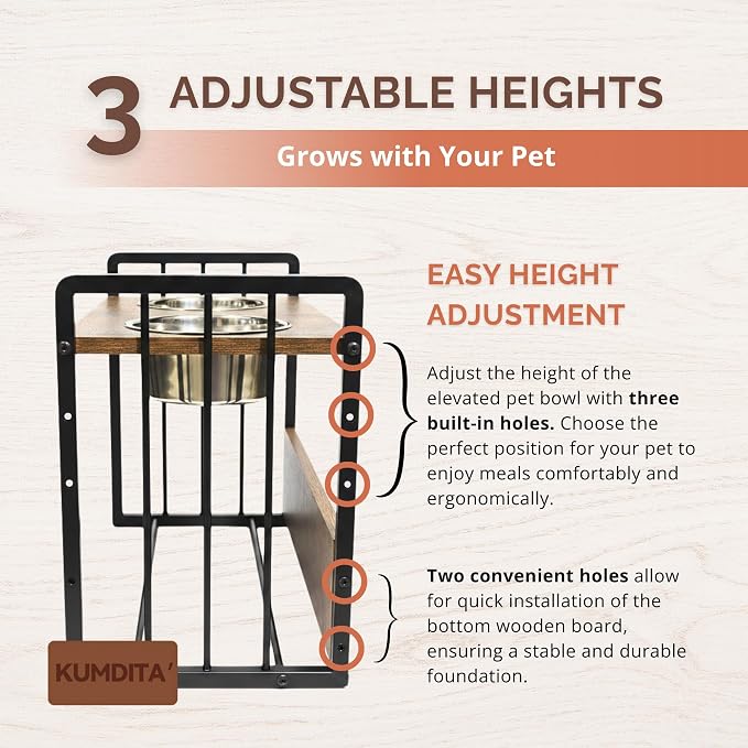 KUMDITA Adjustable Dog Bowls Elevated for Medium & Large Breed Dogs | Orthopedic dog food stand with stainless-steel food/water dishes; modern wood-metal pet feeder with raised dog bowls. - Image 4