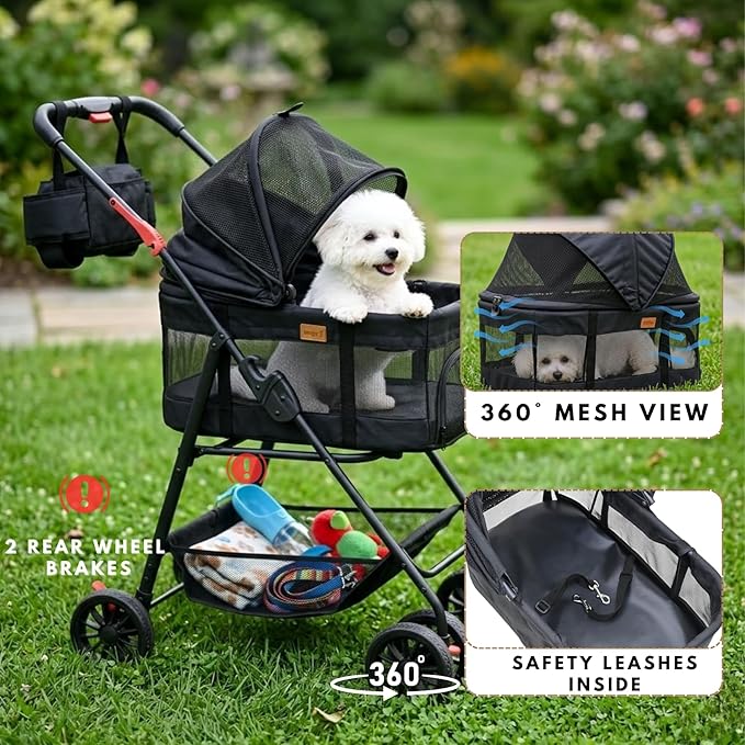 Pet Stroller for Small Dogs Cats with Wheels, Detachable Carrier, Max Load 33 lbs, Easy Folding, Compact Portable, Dog Carriage Cart Car Seat 3 in 1