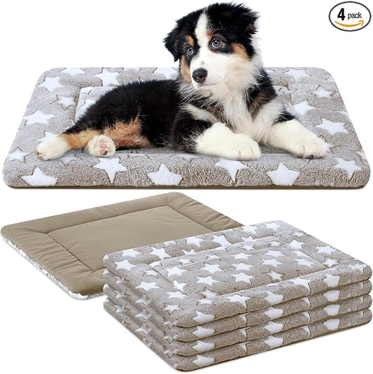 VitalCozy 4 Pcs Dog Crate Pads, Ultra Soft Warm Washable Anti-Slip Kennel Bed Mat for Pets, Reversible, Replaceable, Cage Liner for Small Medium Large Dogs and Cats(18 x 24 x 1.6 Inch,Star,Apricot) by VitalCozy