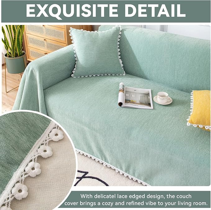 VClife Fresh Sage Green Couch Cover for Sectional Sofa, Soft Chenille Dog Couch Cover for 2 Cushion Couch Pet Friendly Sofa Slipcover Washable Sofa Covers with Floral Lace, 71"X118" - Image 3