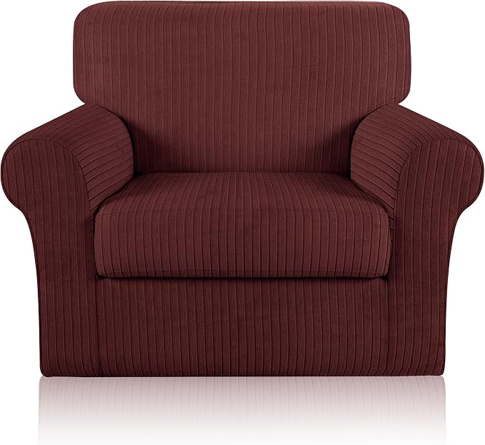 Armchair Cover Stretching Skid Resistance Couch Cover for Pets Washable, Thick and Durable Soft High Spandex Striped Pattern Sofa Covers, Form Fitted Chair Slipcover(Armchair, Burgundy) by ChengEase