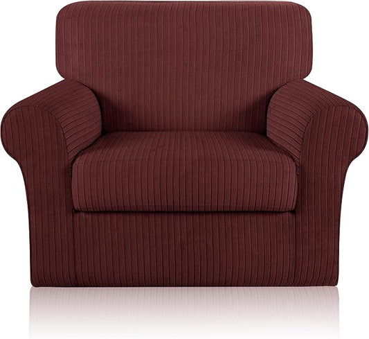 Armchair Cover Stretching Skid Resistance Couch Cover for Pets Washable, Thick and Durable Soft High Spandex Striped Pattern Sofa Covers, Form Fitted Chair Slipcover(Armchair, Burgundy) by ChengEase