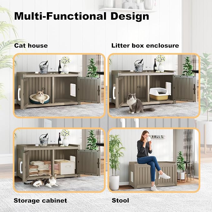 Cat Litter Box Enclosure Resin Hidden Cat Litter Box Furniture Multi-Functional Double Door Spacious Odorless Waterproof UV-Resistant Indoor Outdoor Use Grey - Image 6