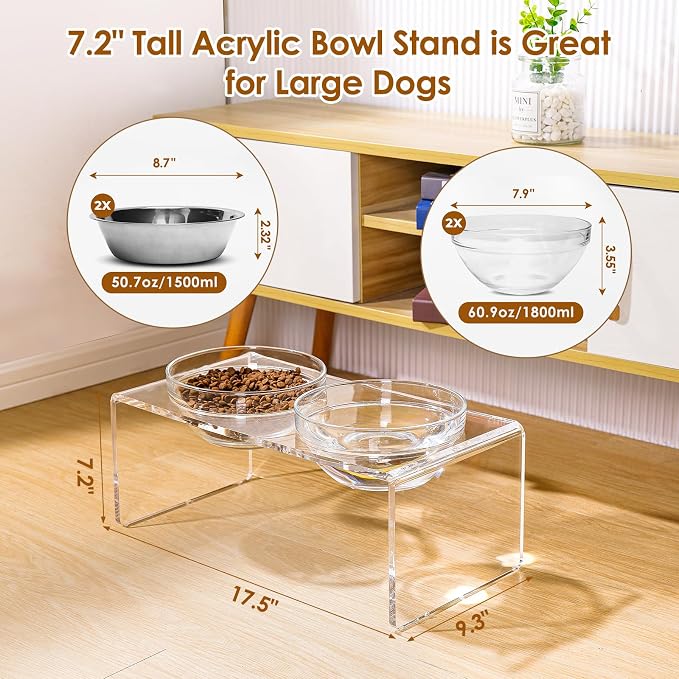 Acrylic Elevated Dog Cat Bowls Pet Feeder Double Bowl Raised Stand Comes with 2 Removable Glass Bowls and 2 Stainless Steel Bowls.Perfect for Large Dogs, 7.2" Tall - Image 4