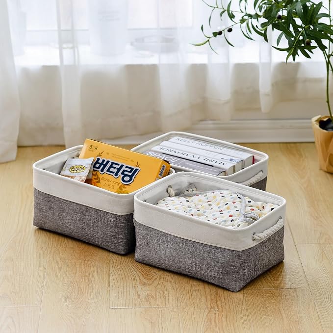 TheWarmHome Storage Bins for Shelves - 13.8L×9.8W×6.7H inch 3 Pack Medium Collapsible Storage Baskets for Organizing | Fabric Storage Cubes for Linen Closet Toy Home (White&Grey) - Image 7