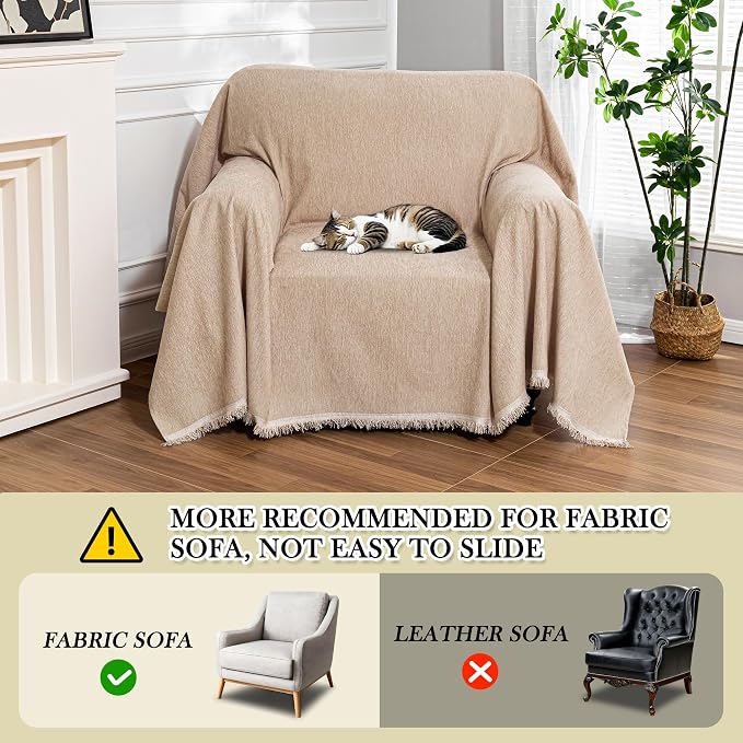 MEETSKY Sofa Covers Armchair Single Couch Cover for Dogs,Throw Couch Cover with Tassel Recliner Chair Recliner Cover Washable 1 Cushion Couch Chenille Couch Protector, 71"x 91", Khaki - Image 6
