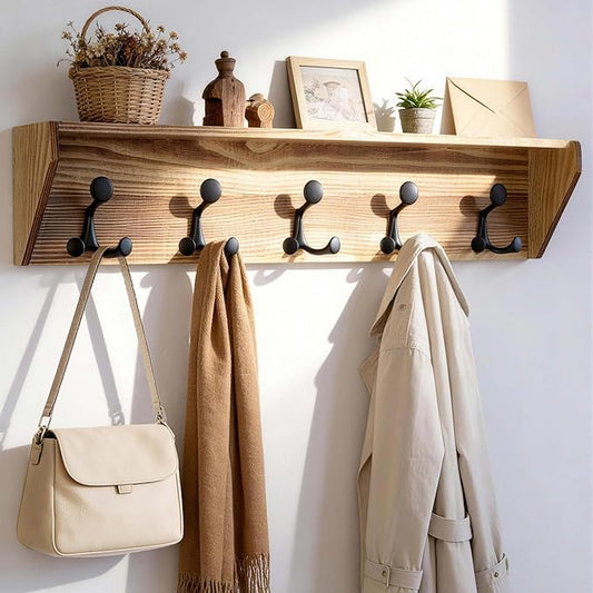 SKOLOO Wall Shelf with Hooks, 35-Inch Coat Rack Wall Mount with Shelf Organizer - Heavy Duty, 5 Tri Hooks - Perfect for Entryway, Hallway, Living Room, Bedroom, Mudroom, Wood Brown & Black by SKOLOO