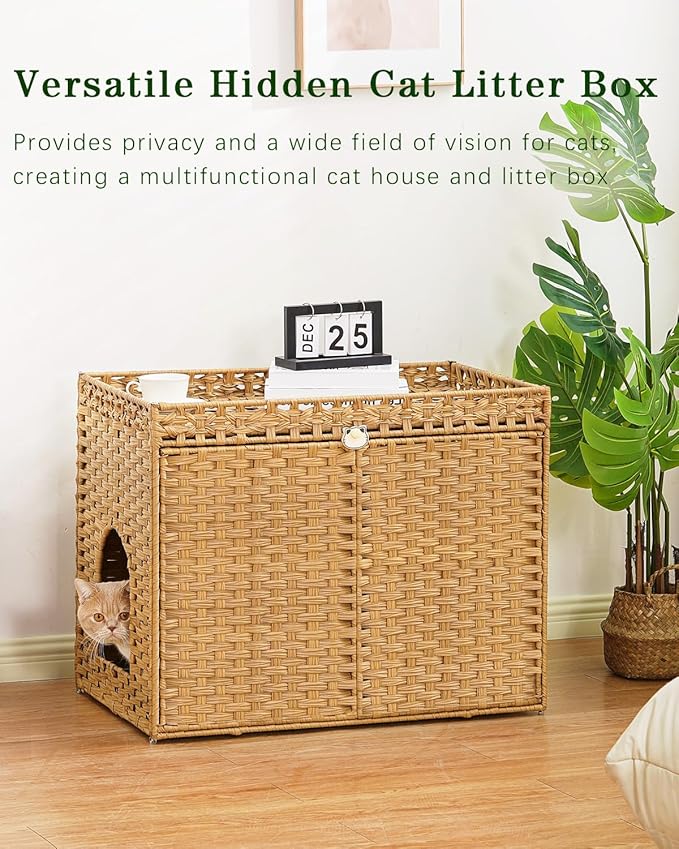 SETVSON Cat Litter Box Enclosure Furniture, Handwoven Rattan Hidden Litter Box with Mat, Large Space Cat House with 2 S-Shaped Hooks 30.3 x 18.3 x 24.4 Inches, Indoor for Living Room Apartment Natural - Image 7
