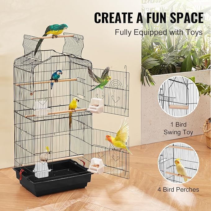 VEVOR 41-inch Open Top Large Parrot Bird Cage, Hanging Bird Cage for Parakeets Finches Canaries Lovebirds Cockatiels Budgies Small Quaker Conures Travel Pet Flight Birdcage with Swing and Perch - Image 3