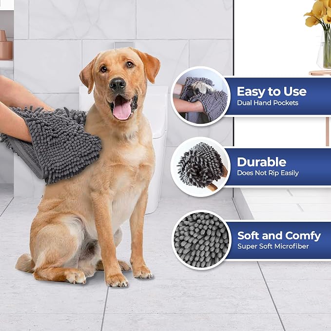 Muddy Mat Doggy Dryer, Highly Absorbent Microfiber Washable Dog Shammy Quick Drying Towel Absorber - Extra Soft Plush Wrap Chenille Bath Towels to Dry Soggy Large Pets & Small Puppy-Grey 13"x31" - Image 4