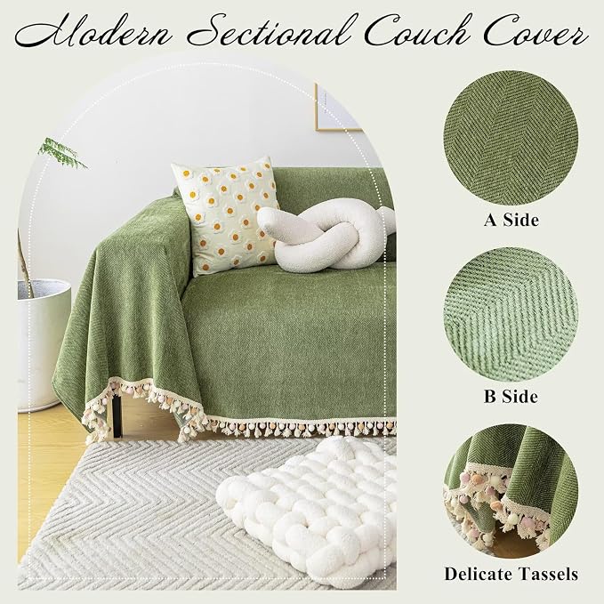 VClife Boho Couch Cover Non Slip Pet Friendly Chenille Sofa Covers, Dog Couch Cover for 2 Cushion Couch Sofa Breathable Wear Resistant Furniture Couch Protector with Tassel Ball, Green, 71"x118" - Image 3