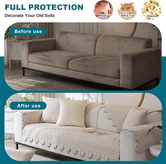 KRFOONN Cotton Quilted Dog Couch Cover for Sofa (Khaki, 27.6" x 70.9") | Farmhouse Embroidery Sectional Couch Cover Washable, Soft Non Slip Sofa Slipcover Cushion Furniture Protector for Kids, Pets - Image 5