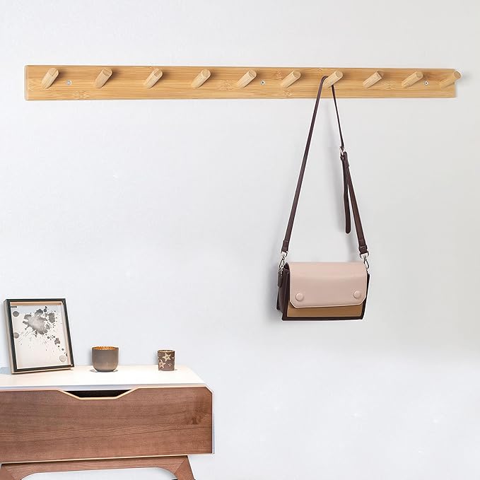 SKOLOO Wood Coat Rack Wall Mounted,10 Peg Long Bamboo Hook for Hanging Backpack Coat Towel Hat,16'' Hole to Hole,Natural - Image 4