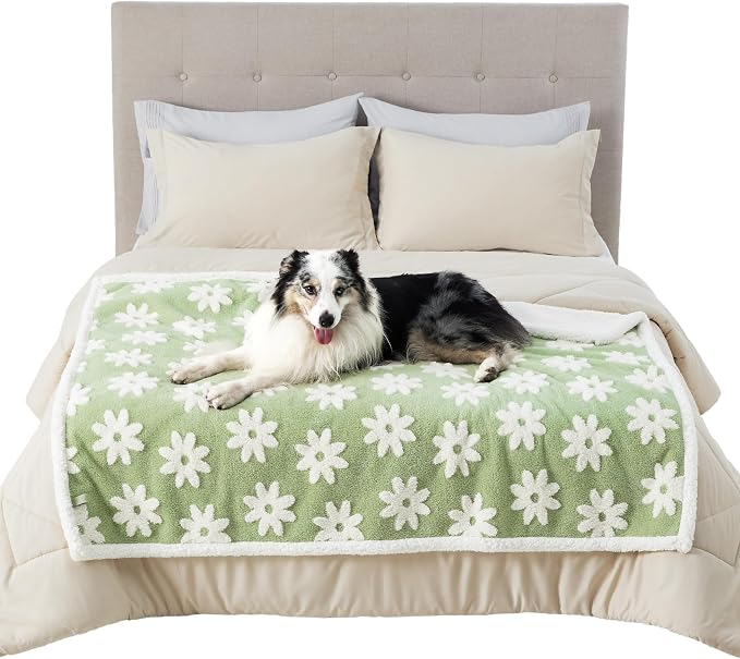 LE SURE Waterproof Dog Blankets for Large Dogs Cute Cozy 3D Jacquard,50x60 | Warm Soft Pet Blanket for Senior Dogs Aesthetic Gift, Washable Sherpa Throw, Reversible Couch Protector, Flower Garden Green - Image 6