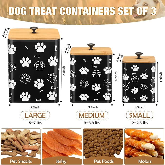 Reallnaive Airtight Dog Treat Container Set of 3 with Bamboo Lids Metal Treat Jars for Countertop Decorative Pet Snack Food Storage Canister Kitchen Biscuit Holder(Black) - Image 2
