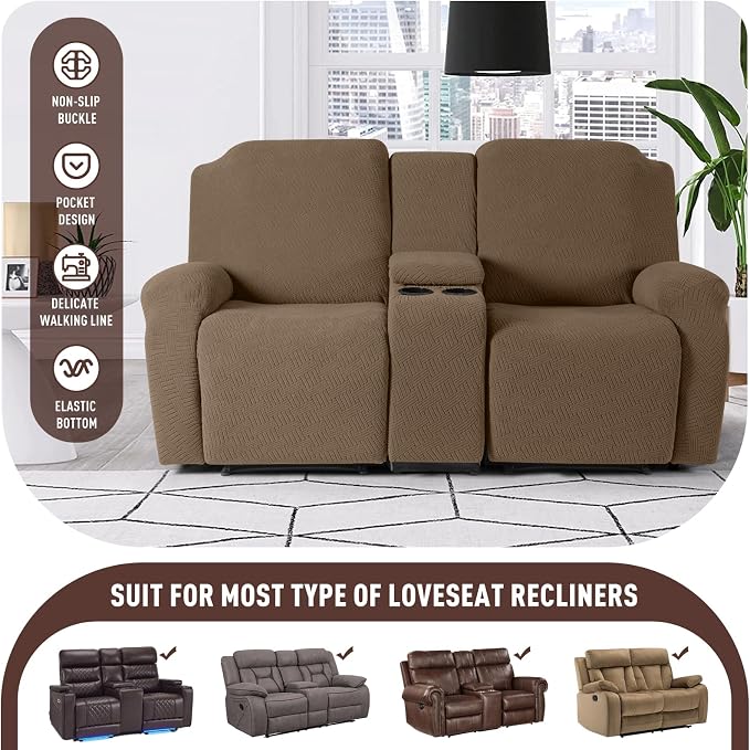 KinCam Loveseat Recliner Covers with Middle Console Slipcover, Light Coffee | Stretch Recliner Sofa Covers for 2 Seat Couch Cover, Jacquard Furniture Protector Covers with Elastic Bottom for Kids, Pets - Image 2