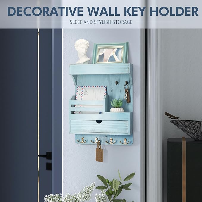 Rebee Vision Key Holder Wall Mount with Drawer & Shelf for Entryway, Blue | Pine Wood, Key Holder for Wall, 6 Sturdy Hooks, Floating Shelf, Drawer Organizer, Mail Sorter, Home Decor, Decorative Storage - Image 4