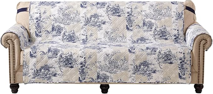 Brilliant Sunshine Blue Toile Couch Cover, Beige & Ivory Patches, 70" seat | Non Slip Sofa Cover, Quilted Furniture Protector, Large Washable Slipcover for Pets, Dogs & Cats - Image 2