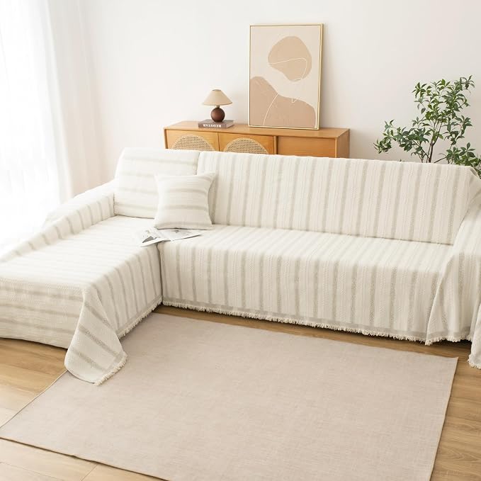Couch Cover for Sofa, Boho Sofa Covers Washable 3 Cushion for Dogs | Chenille Sofa Slipcover for Pet, L-Shape Sectional Furniture Cover Soft Blanket Loveseat Protector, Striped Beige, 71"x118" - Image 5